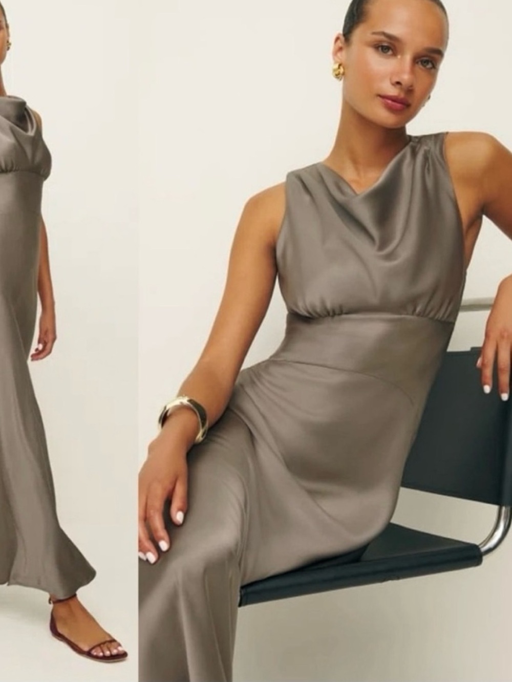 Reformation Dessa Satin Cowl Neck Dress- Taupe - Picture 2 of 5
